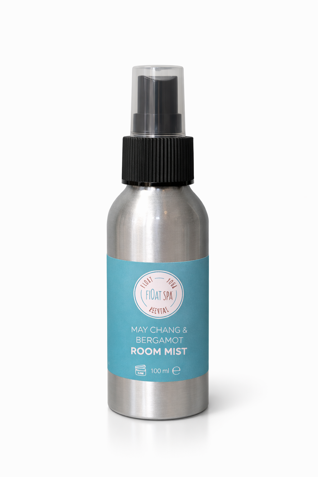 Silver spray bottle with a blue label on a white background