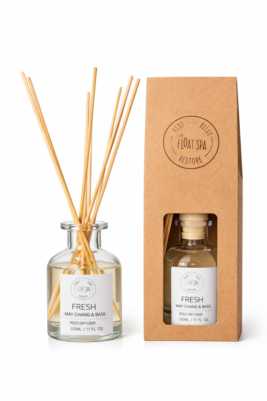 Reed diffuser set with bottle and packaging on a white background

