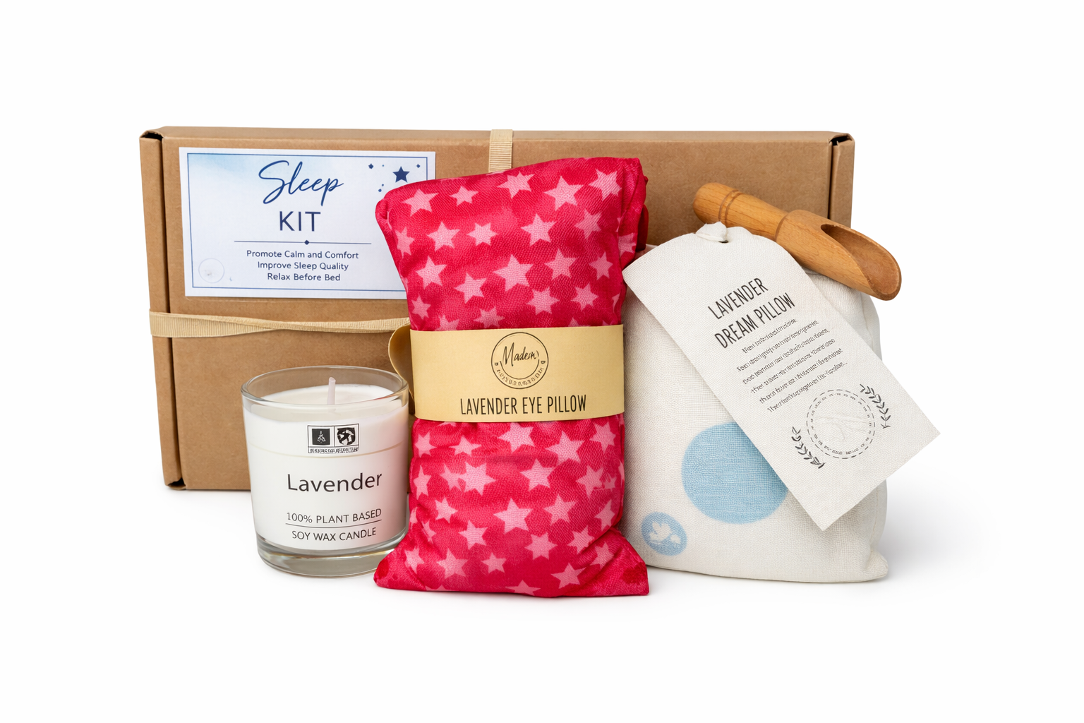 Sleep kit with lavender eye pillow, candle, and dream pillow on a white background
