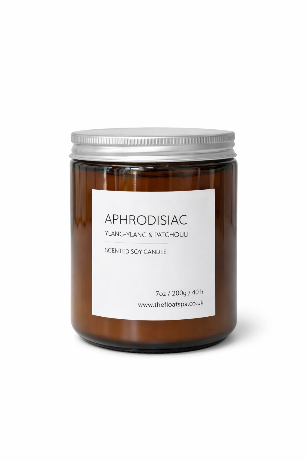 Aphrodisiac scented soy candle in a brown jar with a white label on a white background.

