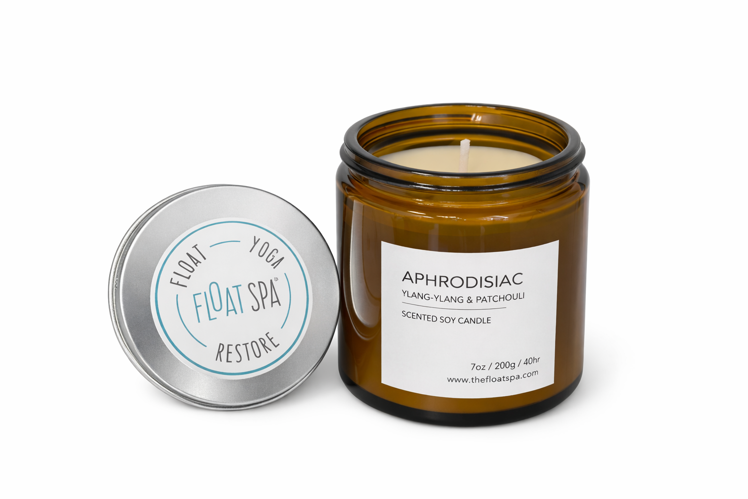Candle in a glass jar with a label on a white background

