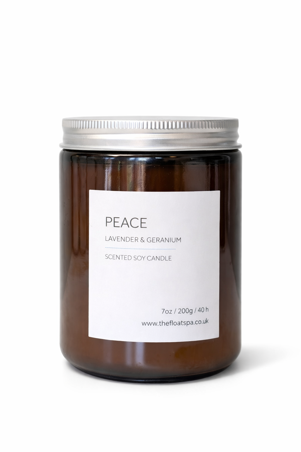 Scented soy candle labeled 'Peace' with lavender and geranium fragrance on a white background.

