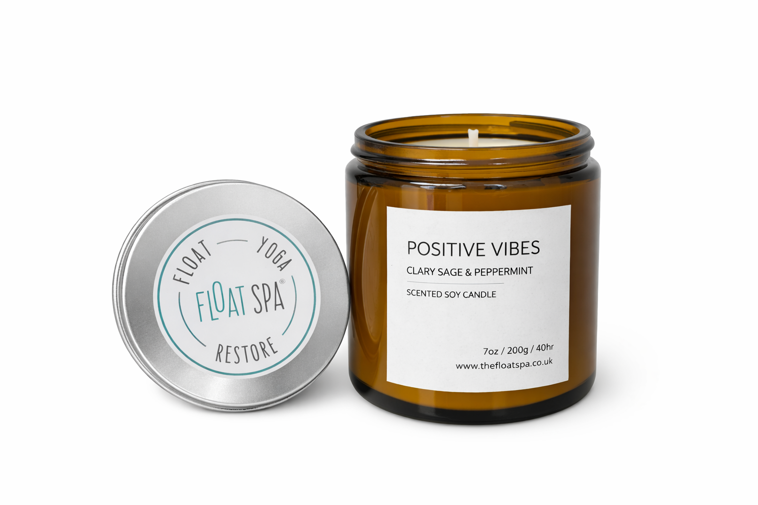 Scented candle with a label on a white background


