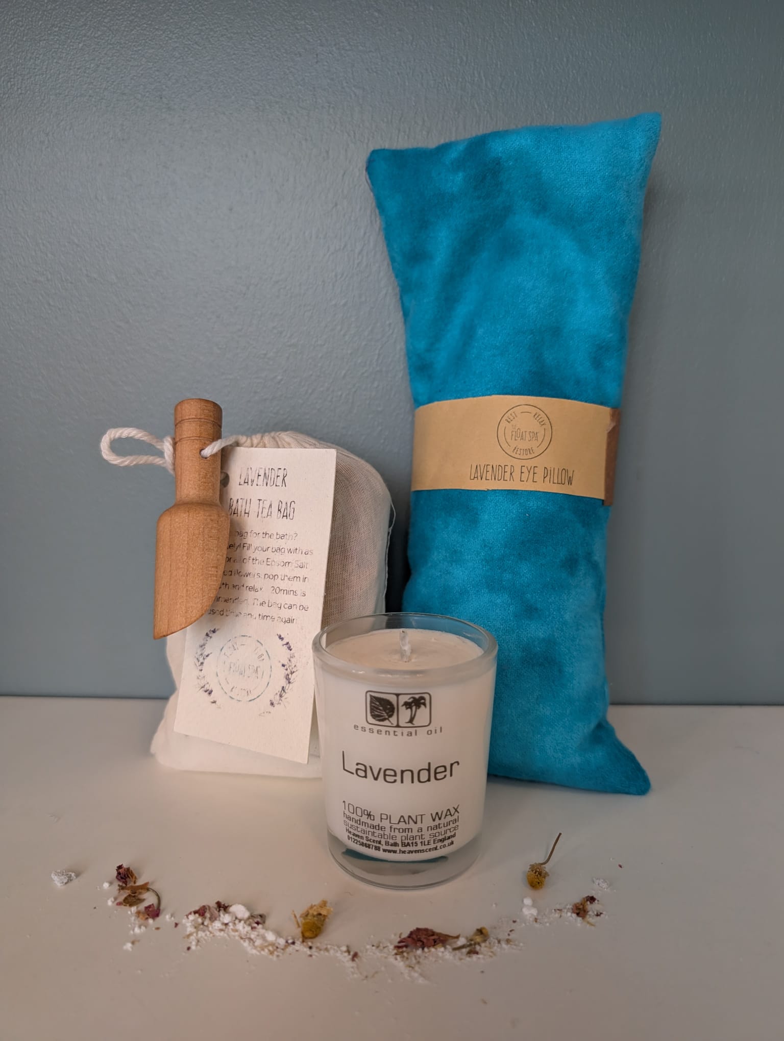 Lavender candle, eye pillow, and Epsom salt bath bag